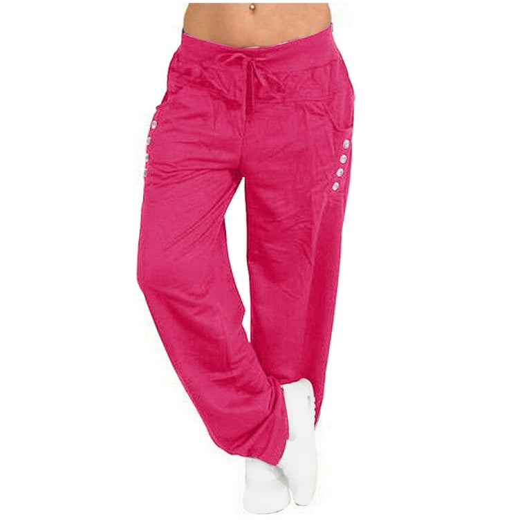 safuny Women's Sweatpants Jogger Pants Girls Teen Relaxed Casual Comfy  Workout Elastic Waist Drawstring Trendy Trousers Solid Color Button Hot  Pink M