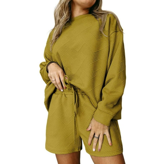 safuny Women's Sweatsuits Outfits Sets Solid Color Elastic High Waist Stretchy Crew Neck Excercise Sports Vacation Trousers Loose with Pocketfor Women Summer Causal Yellow S