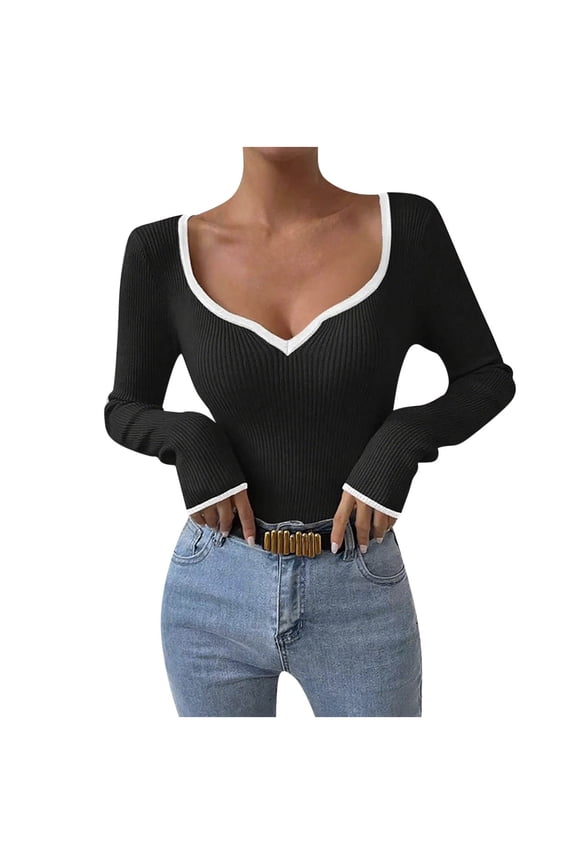 Women's Sweetheart V Neck Long Sleeve Basic Shirt Rib Knitted Contrast Binding Pullover Tops Black _g L