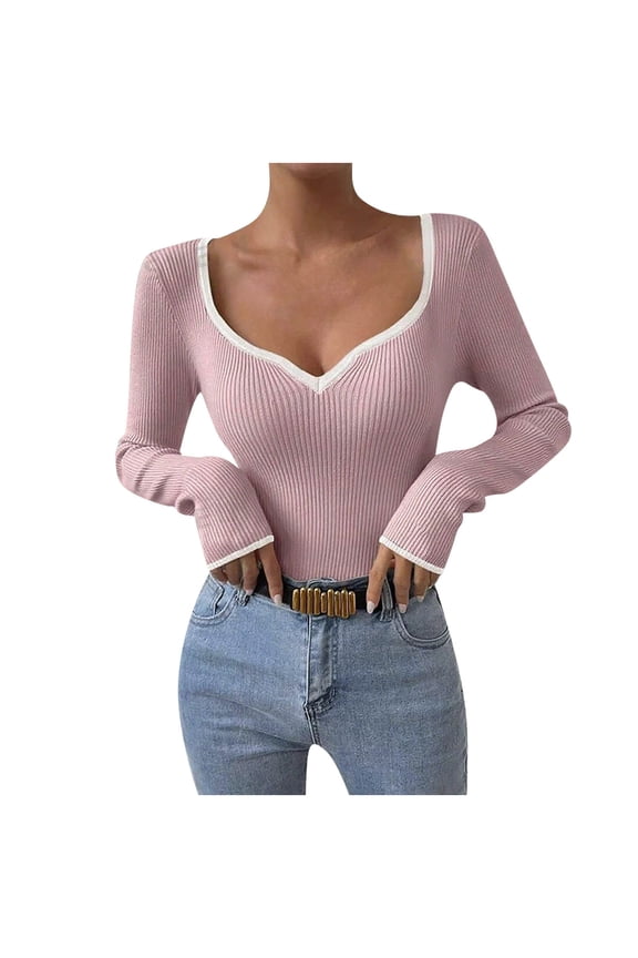 Women's Sweetheart V Neck Long Sleeve Basic Shirt Rib Knitted Contrast Binding Pullover Tops Pink _g S