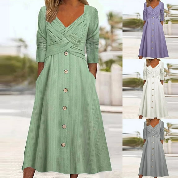 safuny Women's Tea Length A Line Dress Solid Pleated Winter V Neck Button Empire Waist Fashion Vacation Autumn Dress Long Sleeve Green S