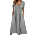 thumbnail image 1 of safuny Women's Tea Length A Line Dress Clearance Solid Pleated Winter V Neck Button Empire Waist Fashion Vacation Summer Dress Short Sleeve Gray M, 1 of 6