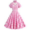 thumbnail image 1 of safuny Women's Tea Length A Line Dress Plaid Bowknot Trendy Dresses Holiday Short Sleeve Crew Neck Elegant High Waist Retro Prom Party Pink S, 1 of 9