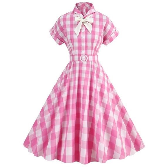 safuny Women's Tea Length A Line Dress Plaid Bowknot Trendy Dresses Holiday Short Sleeve Crew Neck Elegant High Waist Retro Prom Party Pink S