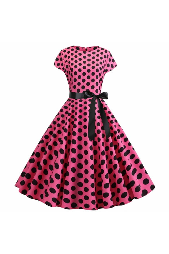 Women's Tea Length A Line Dress Polka Dot Bowknot Round Neck Elegant High Waist Retro Prom Party Trendy Dresses Holiday Short Sleeve Red M