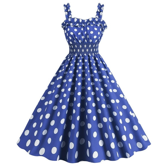 safuny Women's Tea Length A Line Dress Polka Dot Holiday Sleeveless Square Neck Elegant High Waist Retro Prom Party Trendy Dresses Blue L