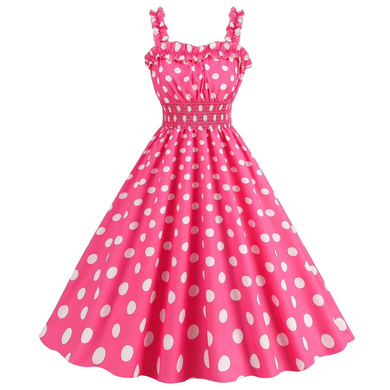 Safuny Women's Tea Length A Line Dress Polka Dot Holiday Sleeveless Square Neck Elegant High Waist Retro Prom Party Trendy Dresses Pink M