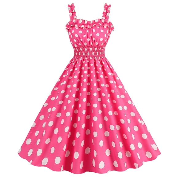 safuny Women's Tea Length A Line Dress Polka Dot Holiday Sleeveless Square Neck Elegant High Waist Retro Prom Party Trendy Dresses Pink S