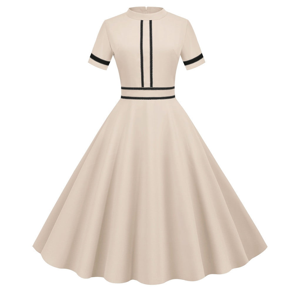 beige tea length dress Safuny Women's Tea Length A Line Dress Solid Color Crew Neck Short Sleeve Elegant High Waist Retro Prom Party Trendy Dresses Holiday Beige M, Size: