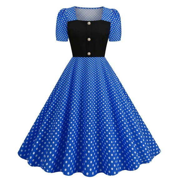 safuny Women's Tea Length A Line Dress Solid Color Crew Neck Short Sleeve Elegant High Waist Retro Prom Party Trendy Dresses Holiday Blue XL
