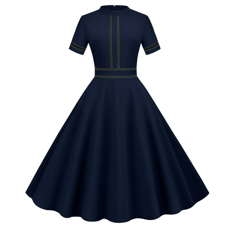 safuny Women's Tea Length A Line Dress Solid Color Crew Neck Short Sleeve  Elegant High Waist Retro Prom Party Trendy Dresses Holiday Navy L -  Walmart.com