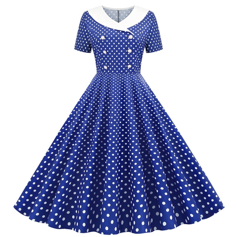 safuny Women's Tea Length A Line Prom Dress Polka Dot Spring Drawstring  Swing Hem Holiday Retro Fashion Short Sleeve Autumn Dress V Neck Dark Blue  S
