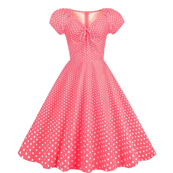 safuny Women's Tea Length A Line Prom Dress Polka Dot Spring Drawstring Swing Hem Holiday Retro Fashion Short Sleeve Autumn Dress V Neck Pink L