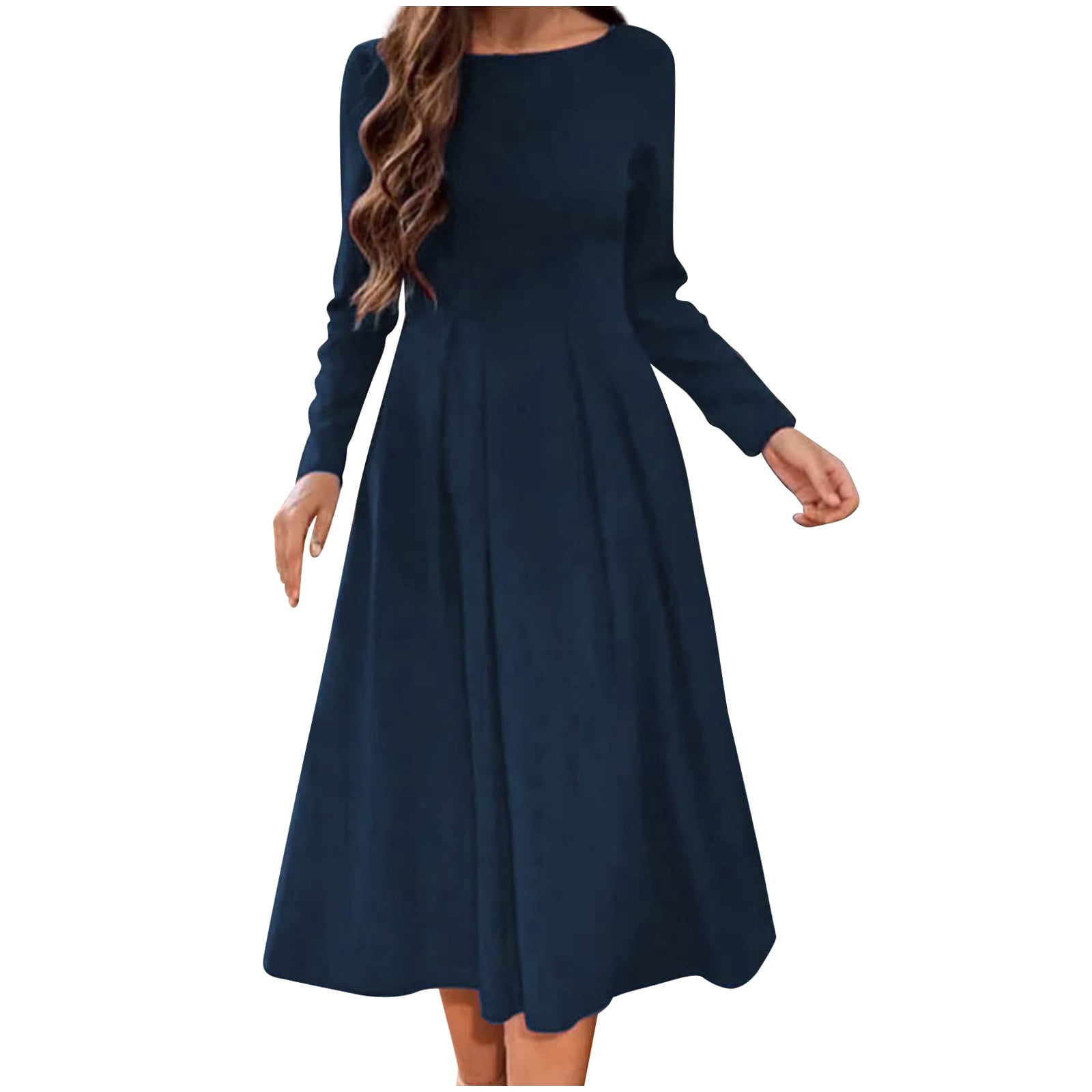 safuny Women's Tea Length Loose Cotton Dress Solid Color Holiday Round Neck  Elegant Casual Daily Comfy Trendy Dresses Long Sleeve Wine L 