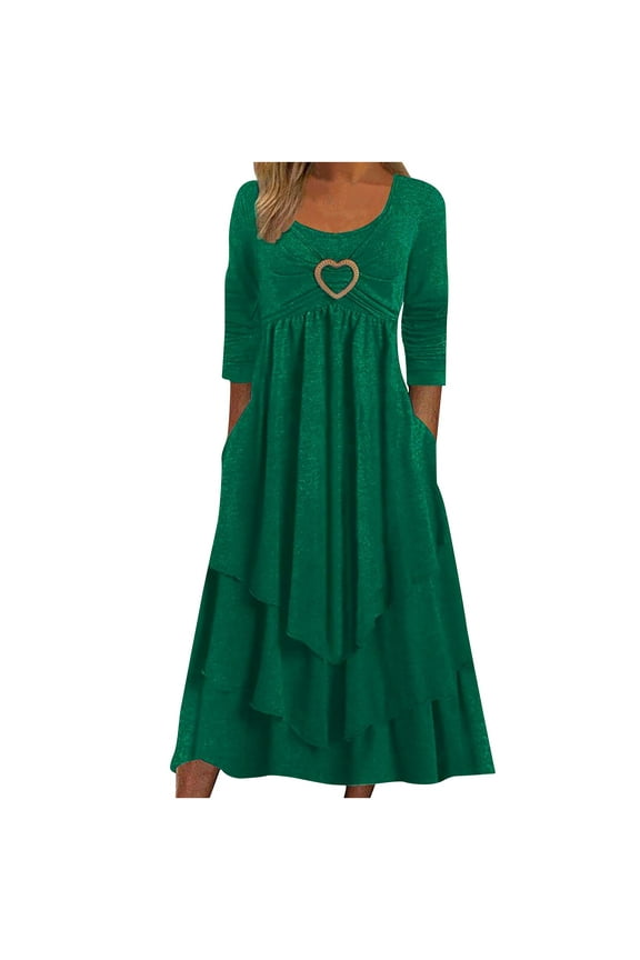Women's Tea Length A Line Dress Solid Heart Shape Button Winter Vacation 3/4 Sleeves Autumn Dress Scoop Neck Fashion Pleated Tiered Elegant Green M