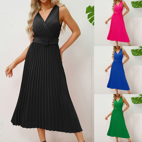 safuny Women's Tea Length A Line Pleated Dress Solid Color Fashion Retro Boho Beach Sleeveless Summer Sundress V Neck Comfy Casual Relaxed Black