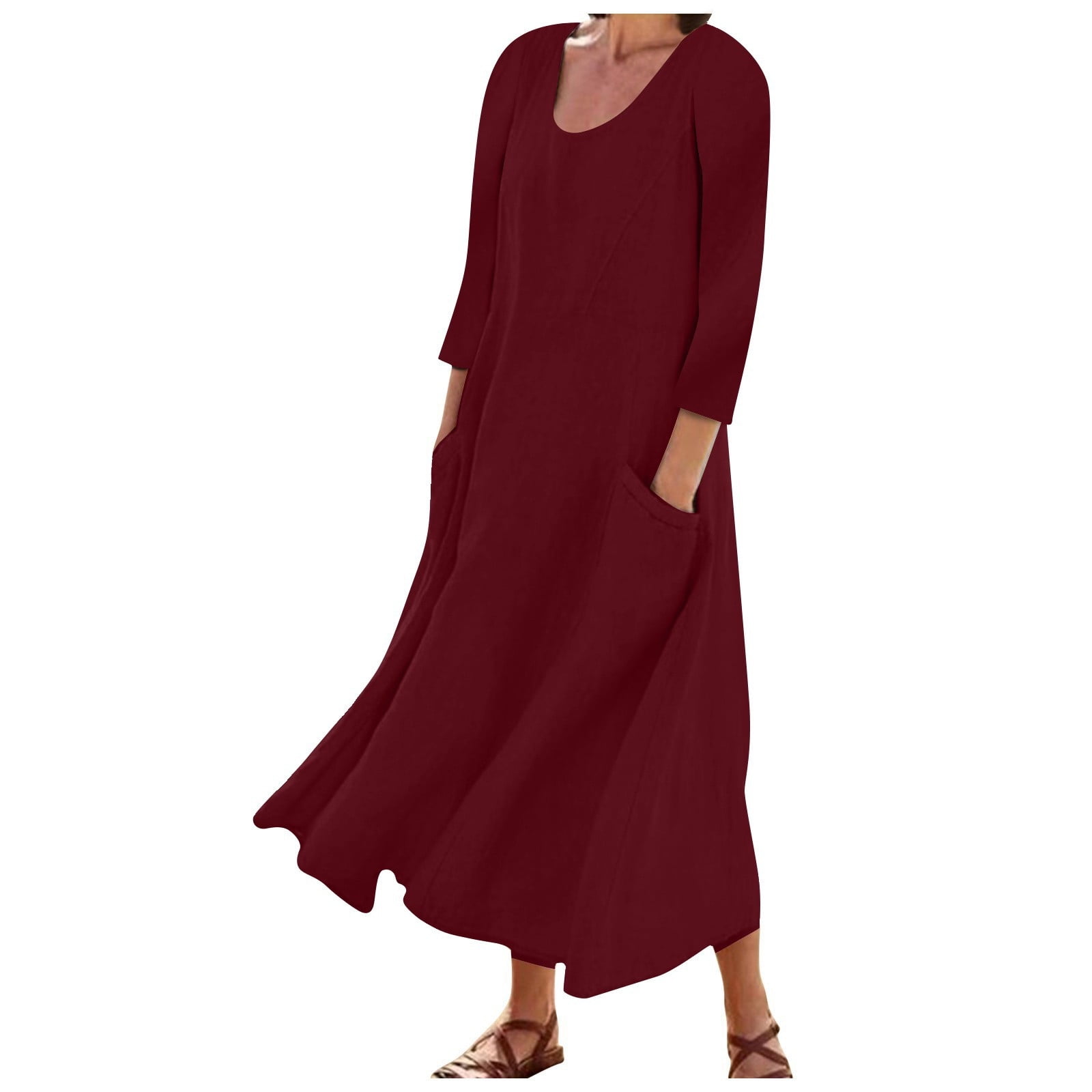 safuny Women's Tea Length Loose Cotton Dress Solid Color Holiday Round Neck  Elegant Casual Daily Comfy Trendy Dresses Long Sleeve Wine L 