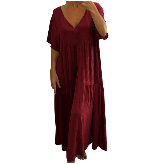 safuny Women's Tea Length Loose Cotton Dress Solid Color Short Sleeve V Neck Elegant Casual Tiered Daily Comfy Trendy Dresses Holiday Red M