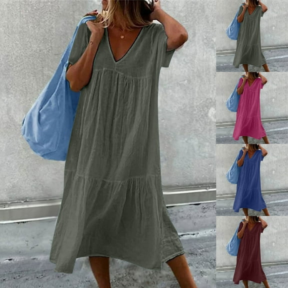 safuny Women's Tea Length Loose Cotton Dress Solid Color V Neck Elegant Casual Tiered Daily Comfy Trendy Dresses Holiday Short Sleeve Blue S