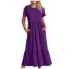 safuny Women's Tea Length Loose Cotton Dress Solid Color V Neck Elegant Casual Tiered Daily Comfy Trendy Dresses Holiday Short Sleeve Purple XXL