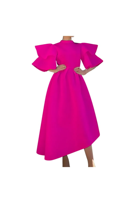 Women's Tea Length Loose Dress Solid Color Holiday Elegant Cocktail Wedding Evening Party Ruffle Sleeve Crew Neck Trendy Dresses Hot Pink XXL