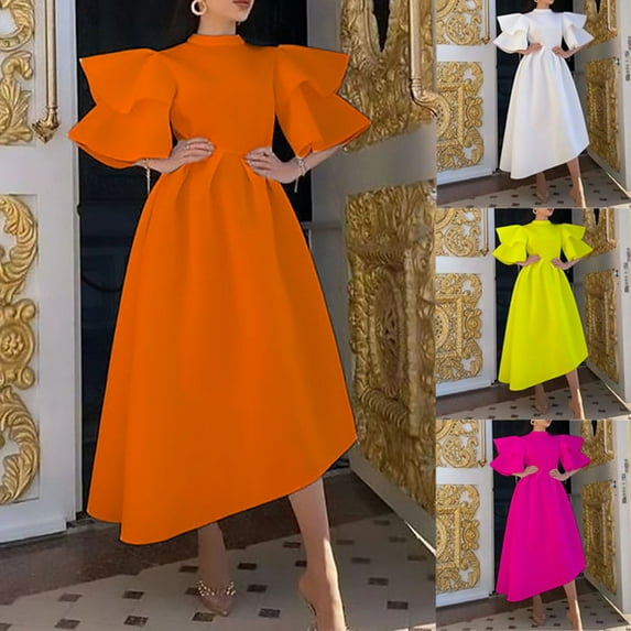 safuny Women's Tea Length Loose Dress Solid Color Holiday Elegant Cocktail Wedding Evening Party Ruffle Sleeve Crew Neck Trendy Dresses Hot Pink XXXXXL