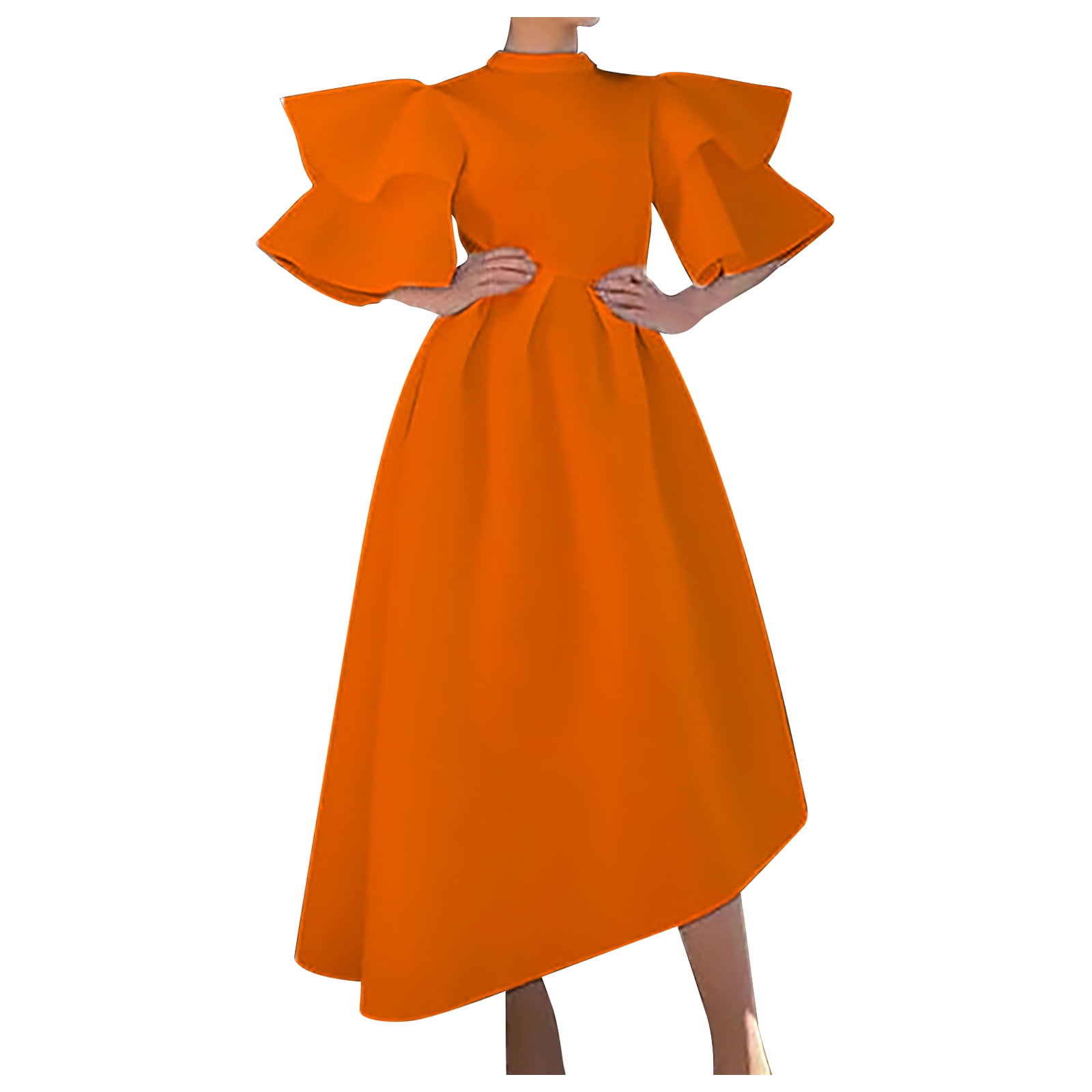 safuny Women's Tea Length Loose Dress Solid Color Holiday Elegant Cocktail Wedding Evening Party Ruffle Sleeve Crew Neck Trendy Dresses Orange XXXXXL