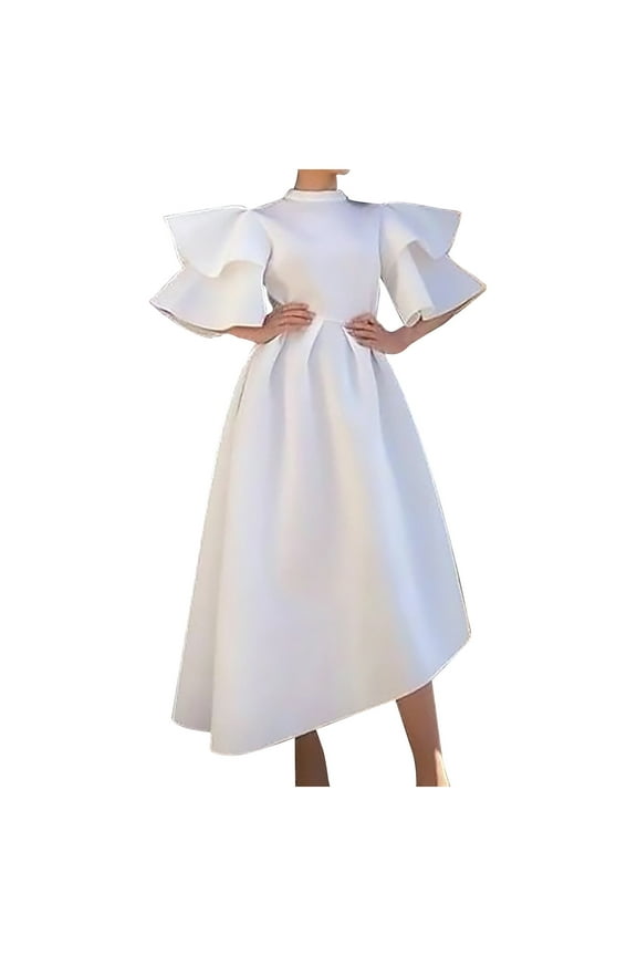 Women's Tea Length Loose Dress Solid Color Holiday Elegant Cocktail Wedding Evening Party Ruffle Sleeve Crew Neck Trendy Dresses White XXL