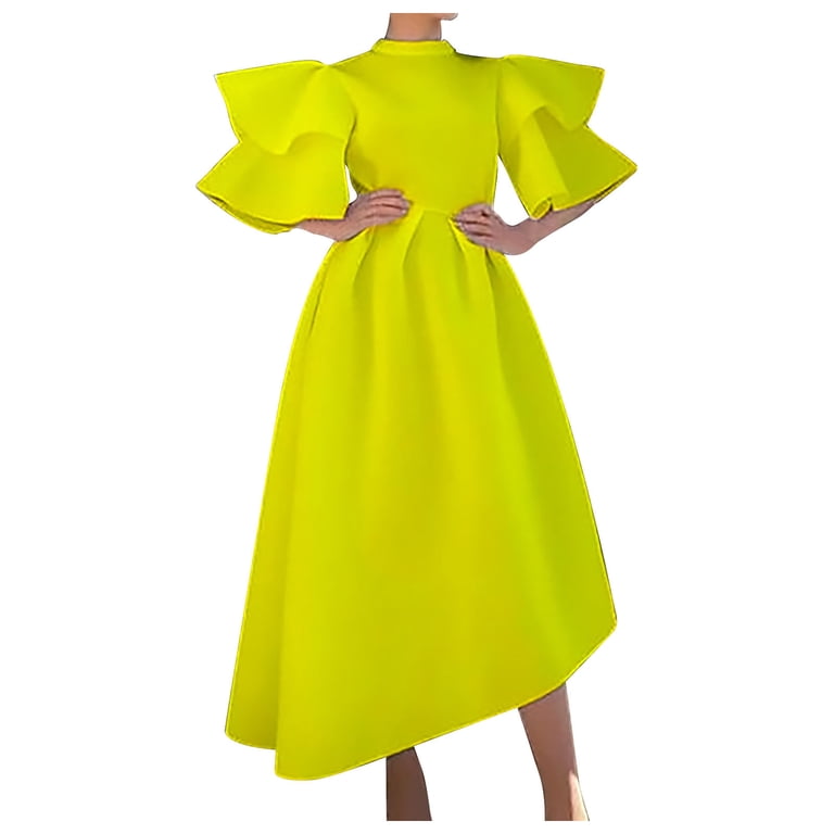 beautifully modest bridesmaid dresses Unqiue Yellow Short Sleeve V-neck Slit Long Bridesmaid Dresses, WG741 –  SposaBridal