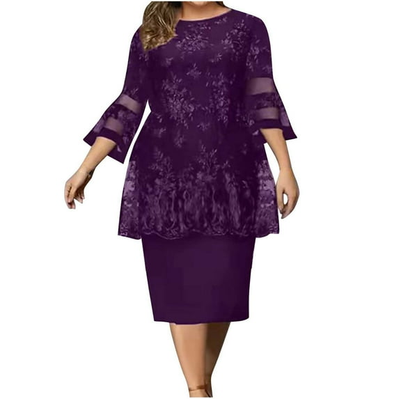 safuny Women's Tea Length Pencil Plus Size Dress Solid Lace Crochet Splicing Holiday Autumn Dress Long Sleeve Retro Fashion Winter Round Neck Elegant Leisure Mesh Purple L