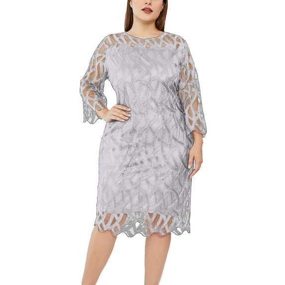 safuny Women's Tea Length Pencil Plus Size Dress Solid Lace Crochet Splicing Holiday Fall Dress Long Sleeve Retro Fashion Round Neck Elegant Leisure Mesh Clearance Gray XXXL
