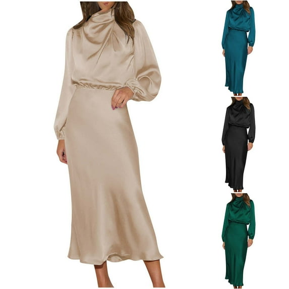 safuny Women's Tea Length Straight Dress Silk Solid Satin Pleated Trendy Dresses Long Sleeve Elegant Cocktail Wedding Evening Party Holiday Turtle Neck Beige S