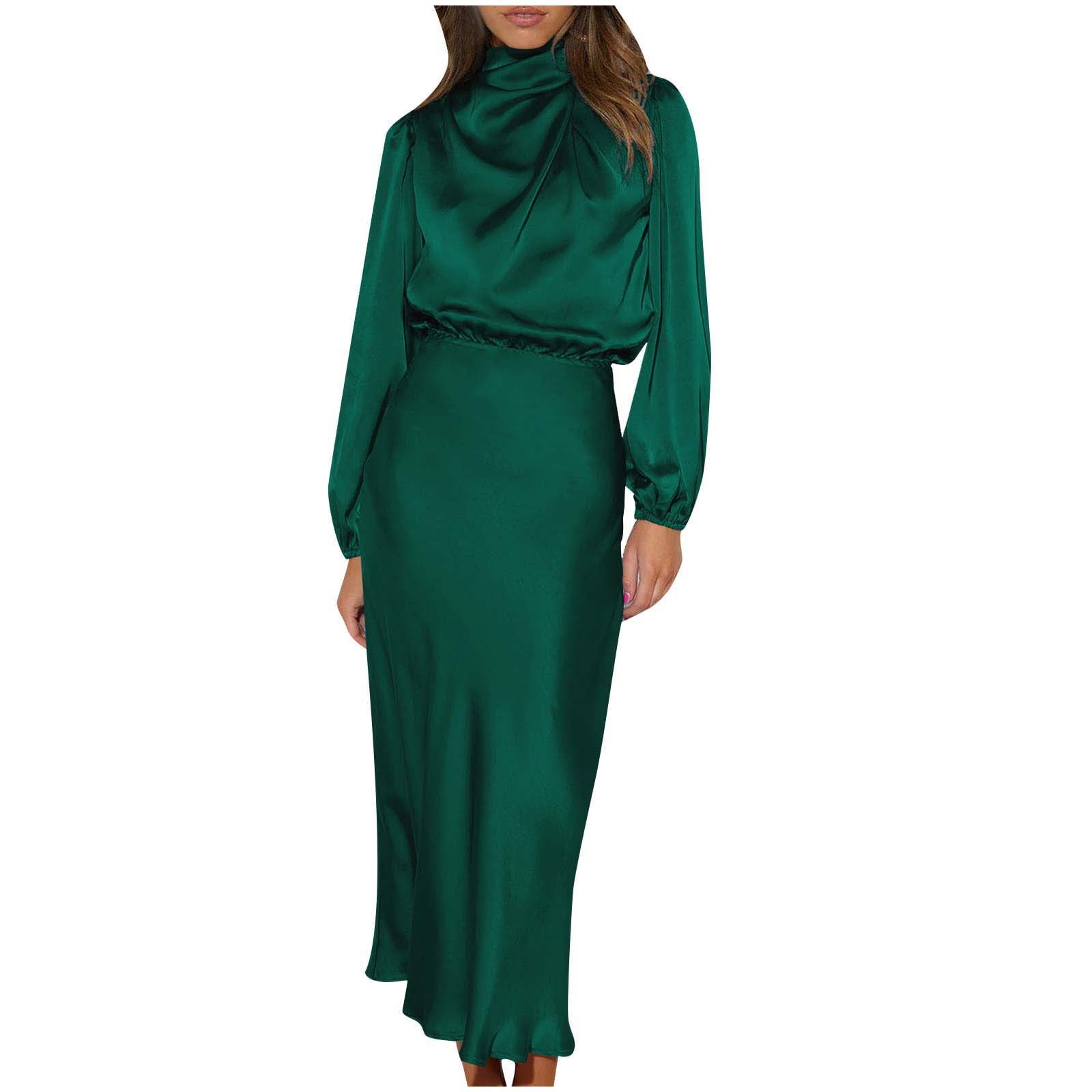 Safuny Women's Tea Length Straight Dress Silk Solid Satin Pleated Trendy Dresses Long Sleeve Elegant Cocktail Wedding Evening Party Holiday Turtle
