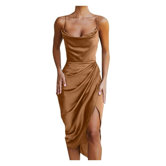 safuny Women's Tea Length Straight Dress Silk Solid Satin Pleated Trendy Dresses Sleeveless Elegant Cocktail Wedding Evening Party Holiday Brown
