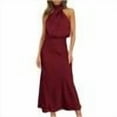 thumbnail image 1 of safuny Women's Tea Length Straight Dress Silk Solid Satin Pleated Trendy Dresses Sleeveless Elegant Cocktail Wedding Evening Party Holiday Red S, 1 of 9