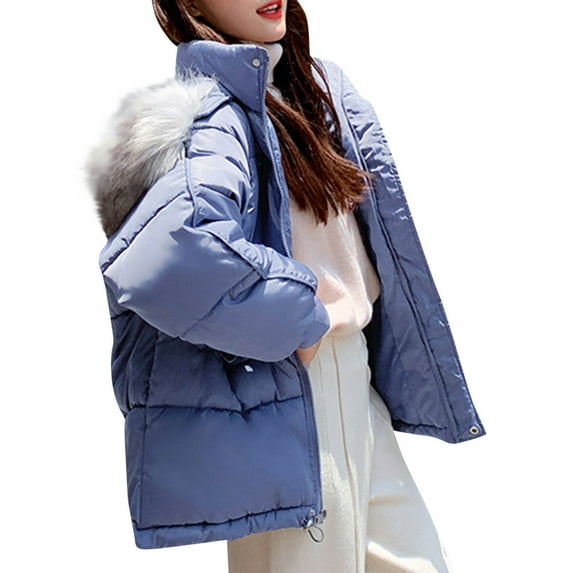safuny Women's Thicker Winter Slim Down Lammy Jacket Long Sleeve Parkas Solid Casual Coat Overcoat Hooded Neck Dressy Lounge Trendy Blazer Pullover Blue S