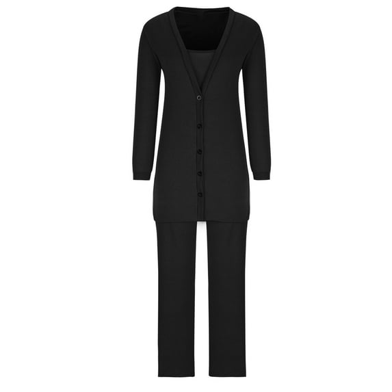 safuny Women's Three Piece Outfit Dressy Solid Color Coat Vest Pants Comfy Casual Plus Size Suit for Girlfriend Wife Daughter V-Neck Long Sleeve Black M