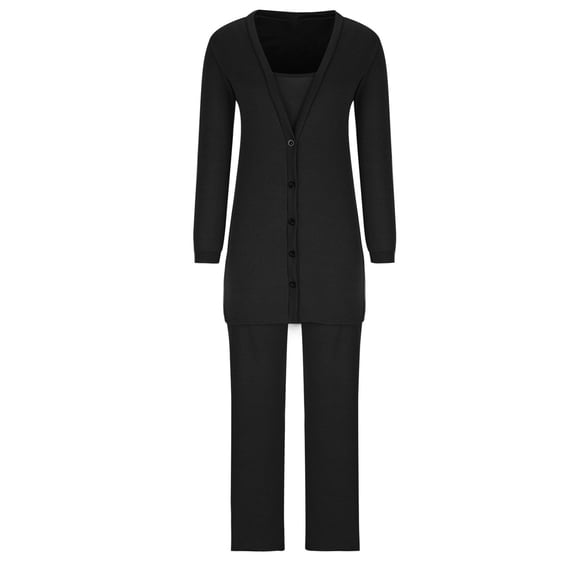 safuny Women's Three Piece Outfit Dressy Solid Color Coat Vest Pants Comfy Casual Plus Size Suit for Girlfriend Wife Daughter V-Neck Long Sleeve Black XXXL