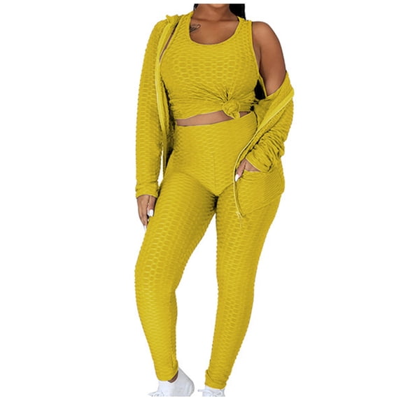 safuny Women's Three Piece Outfit Plus Size Suit for Girlfriend Wife Daughter Hooded Neck Dressy Long Sleeve Solid Color Comfy Casual Yellow XL