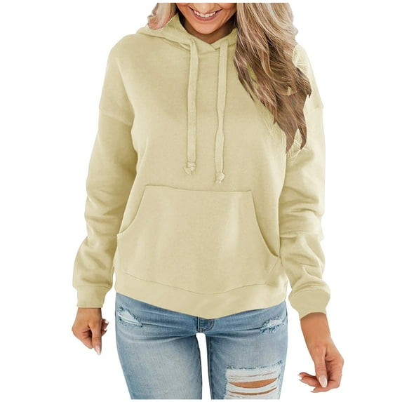 safuny Women's Top Pullover Blouse Hooded Neck Long Sleeve Solid Color Plus Size T-Shirts for Girlfriend Wife Daughter Drawstring Sweatshirt with Pokct Comfy Casual Dressy Loose Khaki L