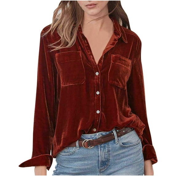 safuny Women's Top Retro Gold Velvet Comfy Casual Solid Color Plus Size T-Shirts for Girlfriend Wife Daughter Dressy Loose Pullover Blouse Long Sleeve V-Neck Red XL