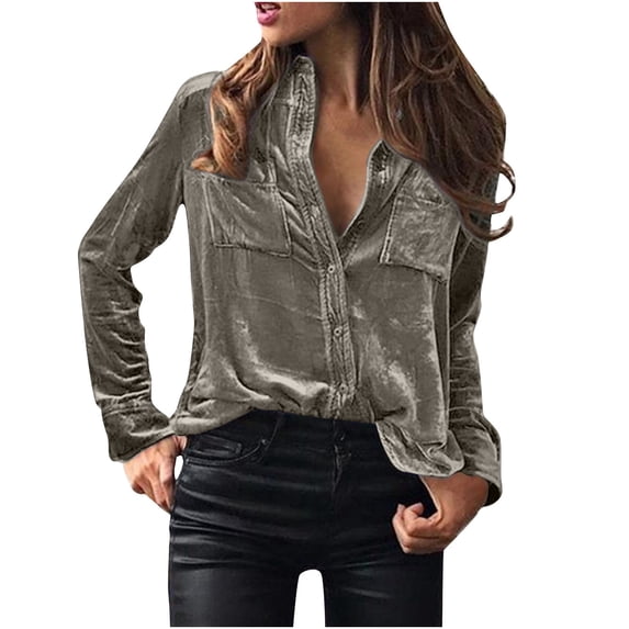 safuny Women's Top Retro Gold Velvet Comfy Casual Solid Color Plus Size T-Shirts For Girlfriend Wife Daughter Dressy Loose Pullover Blouse Long Sleeve V-Neck Clearance Silver S