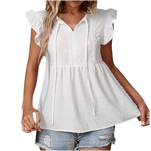 safuny Women's Trendy Babydoll Tops Solid Elegant Tops Puff Sleeve Tees V Neck Shirts Button Eyelet Vintage Clothing Fashion Summer White L