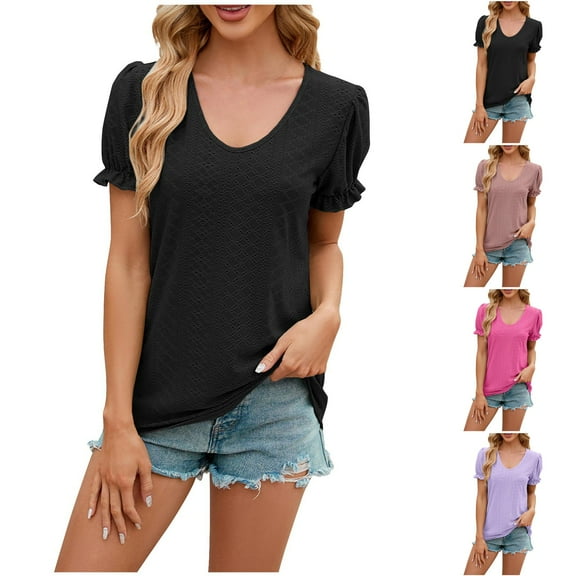 safuny Women's Trendy Elegant Comfy Tops Solid Tops Ruffle Sleeve Tees V Neck Shirts Eyelet Casual Vintage Clothing Fashion Summer Purple