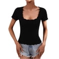 thumbnail image 1 of safuny Women's Trendy Knitted Sweater Tops Clearance Solid Tops Short Sleeve Tees Scallop Neck Shirts Hollow Vintage Clothing 2024 Fashion Summer Black XL, 1 of 9