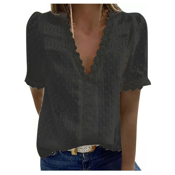 safuny Women's Trendy Lace Crochet Tops Clearance Solid Tops Short Sleeve Tees V Neck Shirts Swiss Dot Vintage Clothing 2024 Fashion Summer Black M