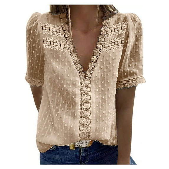 safuny Women's Trendy Lace Crochet Tops Solid Tops Short Sleeve Tees V Neck Shirts Swiss Dot Vintage Clothing Fashion Summer Beige XXXL