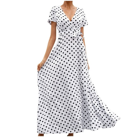 safuny Women's Trendy Long Maxi Dress Polka Dot Short Sleeve V Neck Dress Boho Ruffle Flowy Hem Retro relaxed Clothing Fashion Summer White S