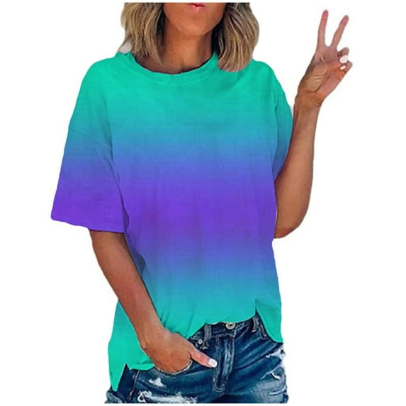 safuny Women's Trendy Loose Basic Tops Gradient Tops Short Sleeve Tees V Neck Shirts Leisure Comfy Vintage Clothing Fashion Summer Mint Green