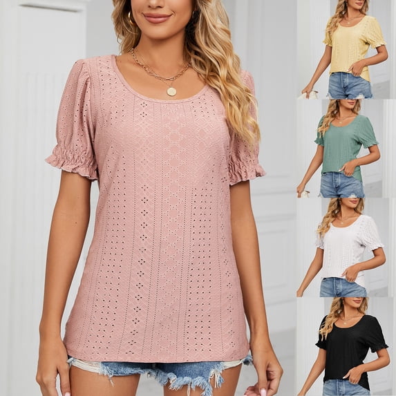 safuny Women's Trendy Loose Basic Tops Solid Tops Puff Sleeve Tees Round Neck Shirts Elegant Eyelet Vintage Clothing Fashion Summer Yellow XL